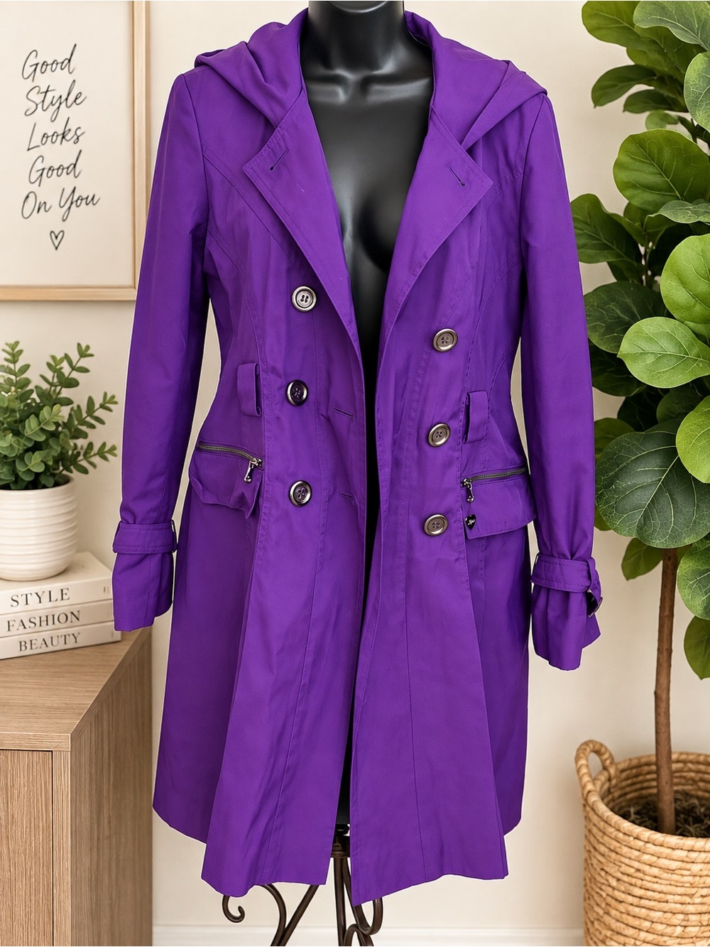 Purple Hooded Trench Coat - Women's Double-Breasted Jacket